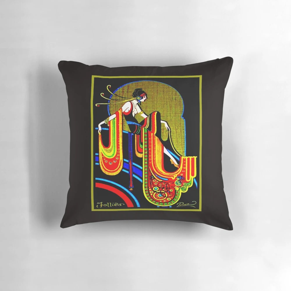 Vintage 1920s Art Deco decorative throw pillow featuring a beautiful, whimsical pinup woman in an abstract, colorful design.