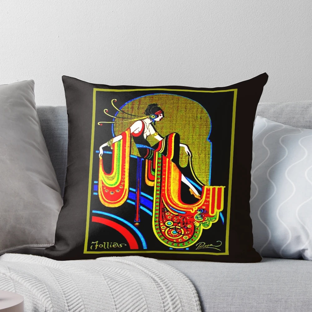 Vintage 1920s Art Deco decorative throw pillow featuring a beautiful, whimsical pinup woman in an abstract, colorful design.