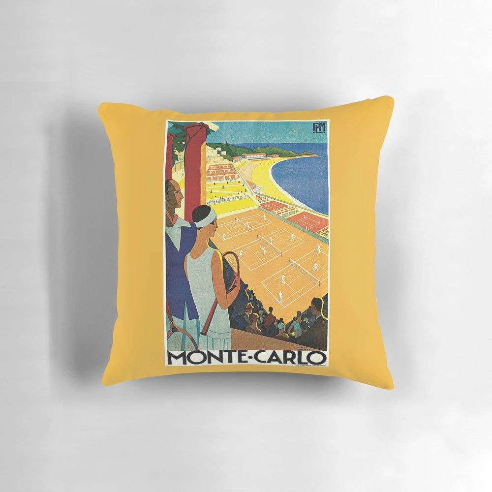 Vintage 1920s-style tennis travel advertisement design printed on a decorative throw pillow