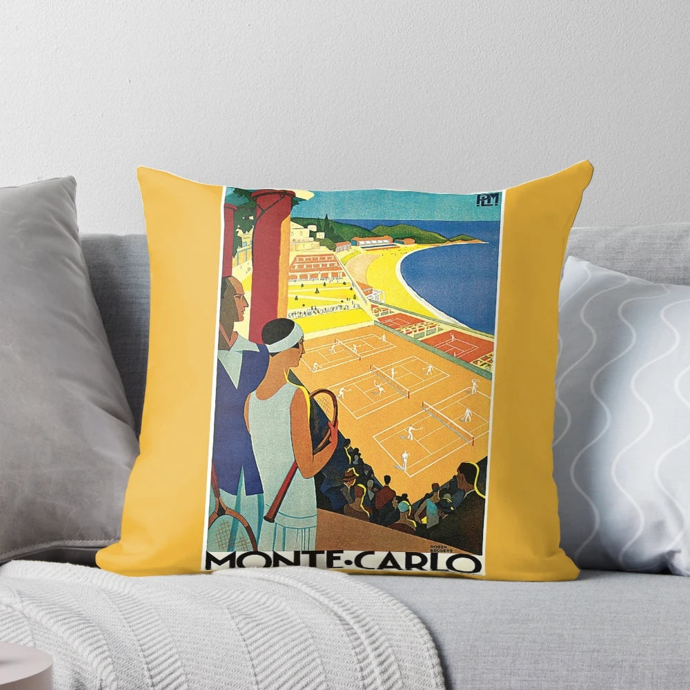 Vintage 1920s-style tennis travel advertisement design printed on a decorative throw pillow