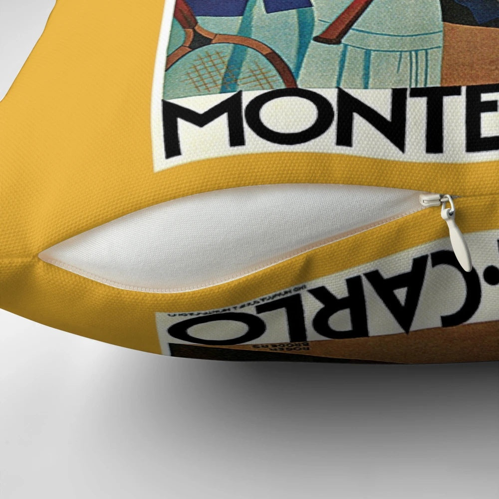 Vintage 1920s-style tennis travel advertisement design printed on a decorative throw pillow