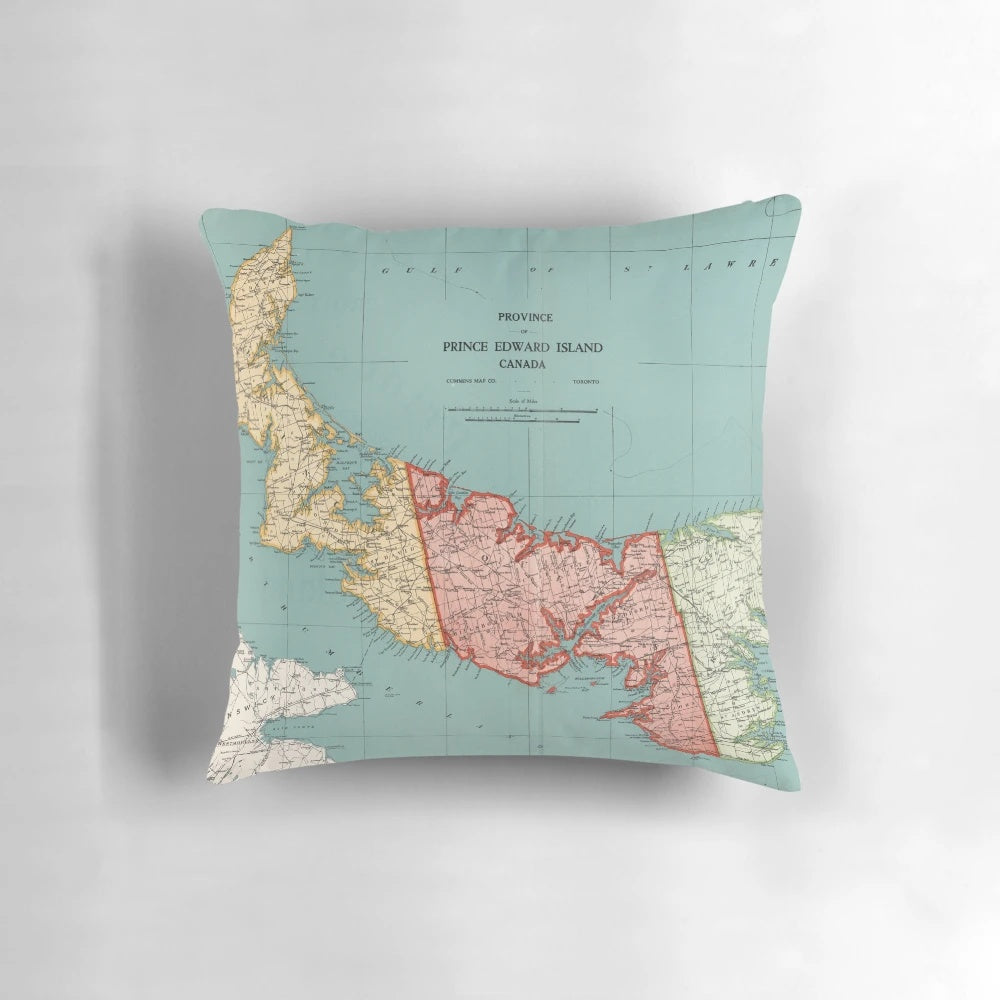 Vintage 1925 Prince Edward Island map printed on a comfortable decorative pillow