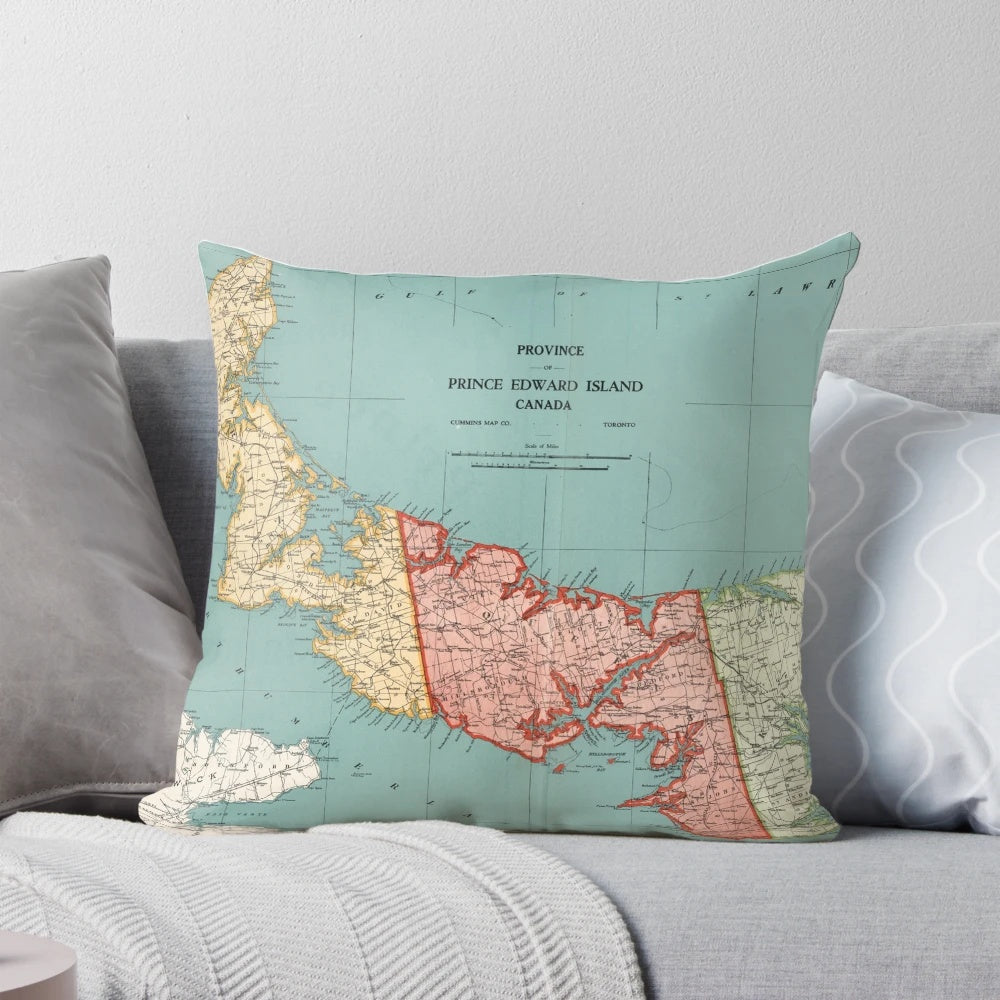 Vintage 1925 Prince Edward Island map printed on a comfortable decorative pillow