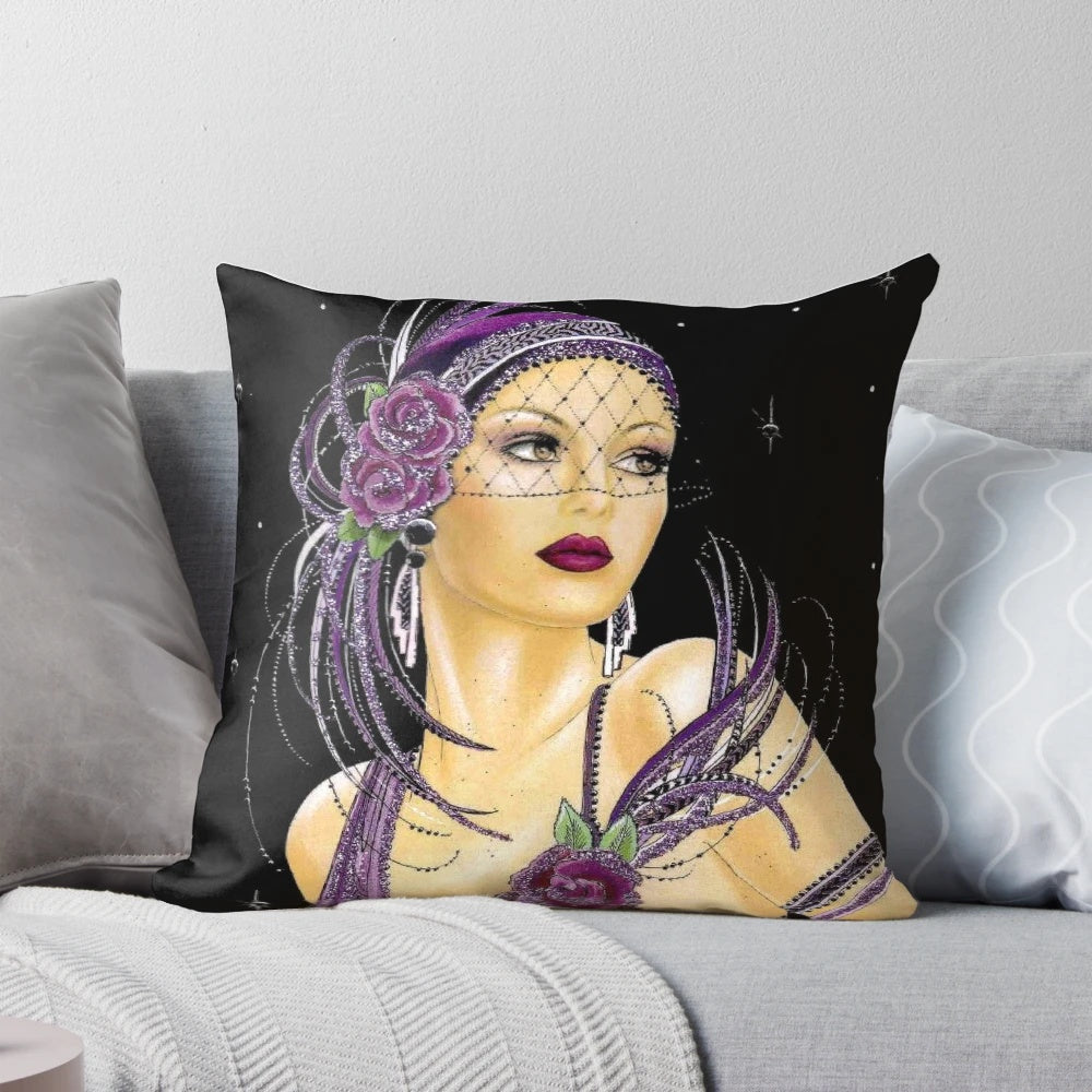 Vintage 1930s art deco style floral print throw pillow