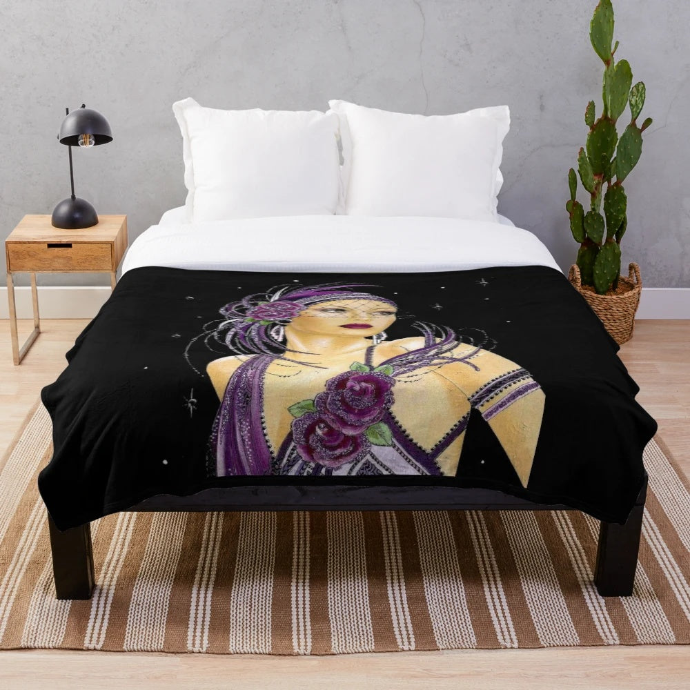 Vintage 1930s art deco inspired plush blanket with floral and abstract design