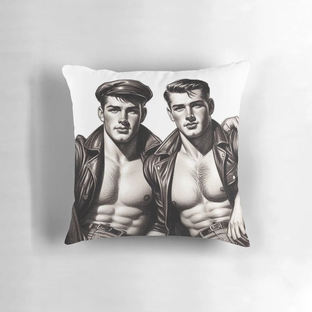 Vintage 1940s Tom of Finland graphic design featuring two leather-clad gay bikers, used as a design for a decorative throw pillow.