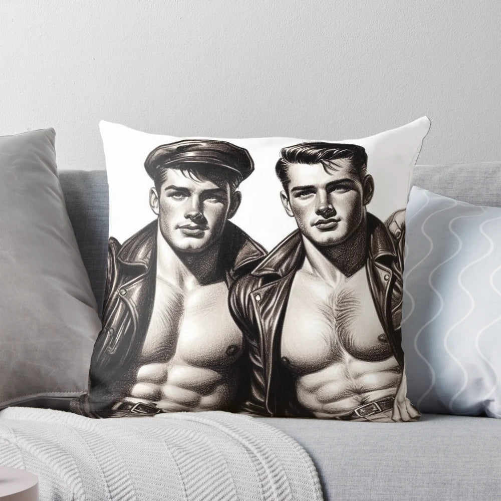 Vintage 1940s Tom of Finland graphic design featuring two leather-clad gay bikers, used as a design for a decorative throw pillow.