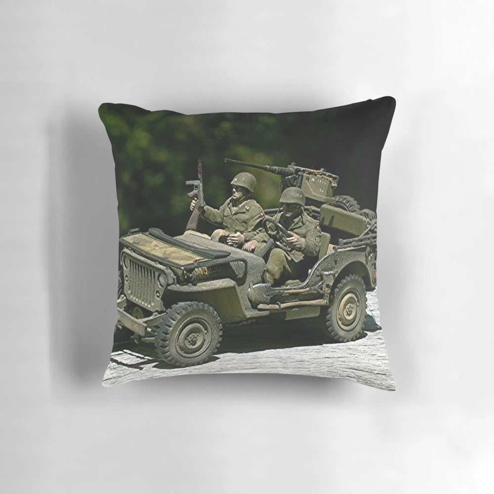 Vintage 1942 Willy's MB Jeep Pillow, featuring a classic World War II military vehicle
