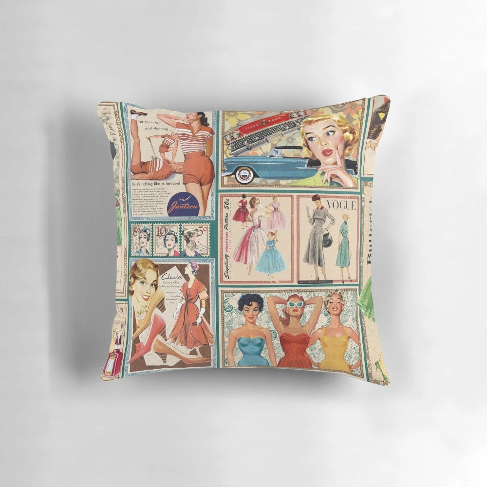 Vibrant 1950s fashion-inspired decorative throw pillow with a retro, vintage style