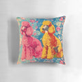 Vibrant 1950s-inspired pillow featuring a whimsical poodle design on a vintage floral background.