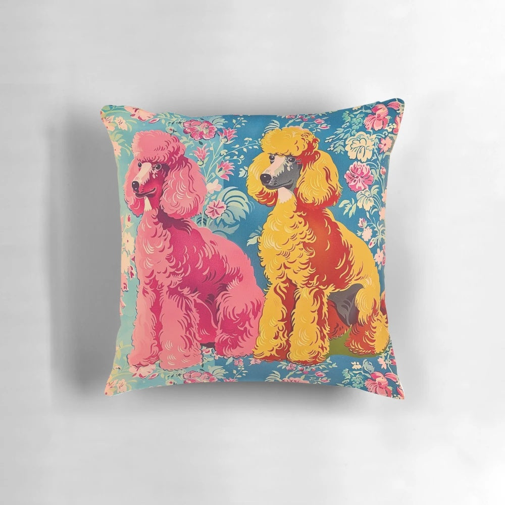 Vibrant 1950s-inspired pillow featuring a whimsical poodle design on a vintage floral background.