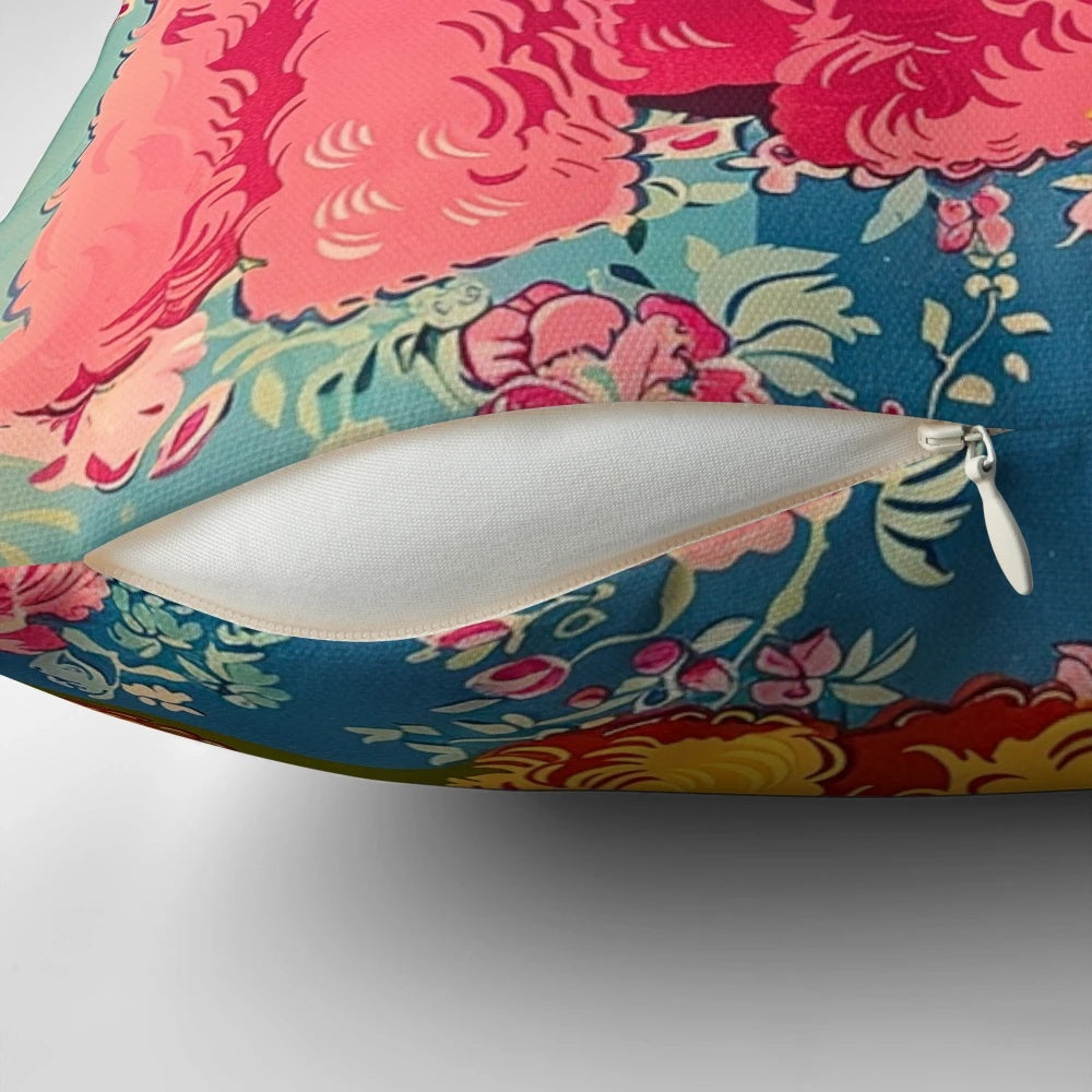 Vibrant 1950s-inspired pillow featuring a whimsical poodle design on a vintage floral background.