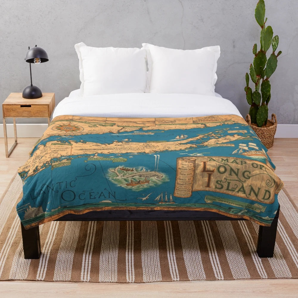 Vintage 1953 Long Island Map Plush Blanket