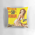 Vintage 1958 Attack of the 50ft Woman movie poster art reproduced on a cozy, high-quality pillow.
