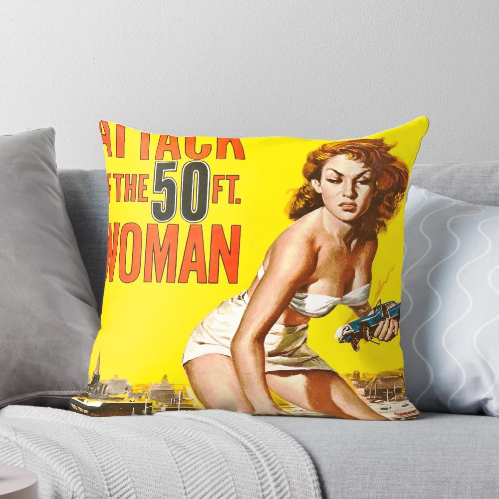 Vintage 1958 Attack of the 50ft Woman movie poster art reproduced on a cozy, high-quality pillow.