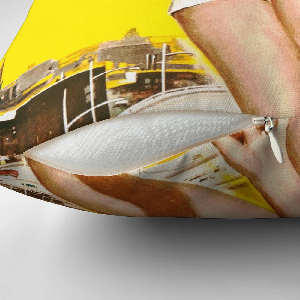Vintage 1958 Attack of the 50ft Woman movie poster art reproduced on a cozy, high-quality pillow.