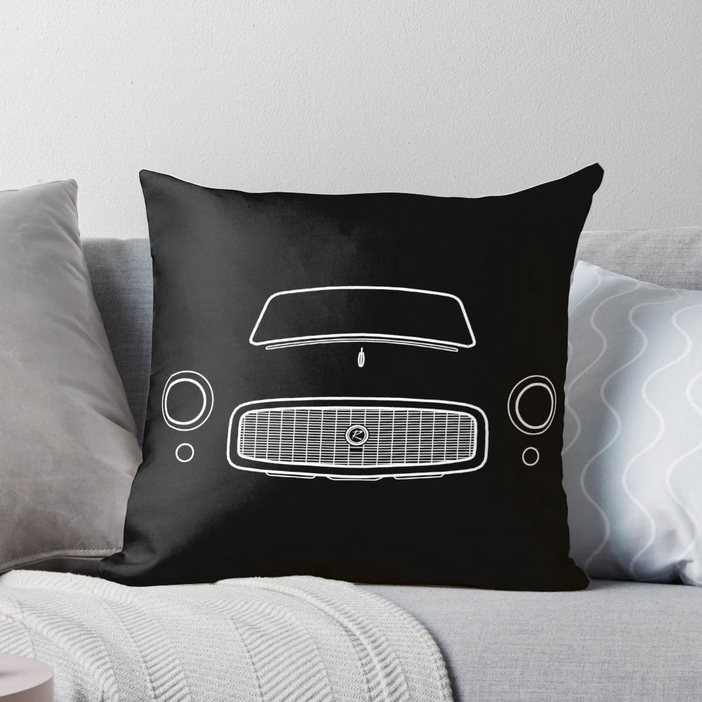 A minimalist white outline graphic of a 1960 AMC Rambler classic car printed on a soft, comfortable pillow.