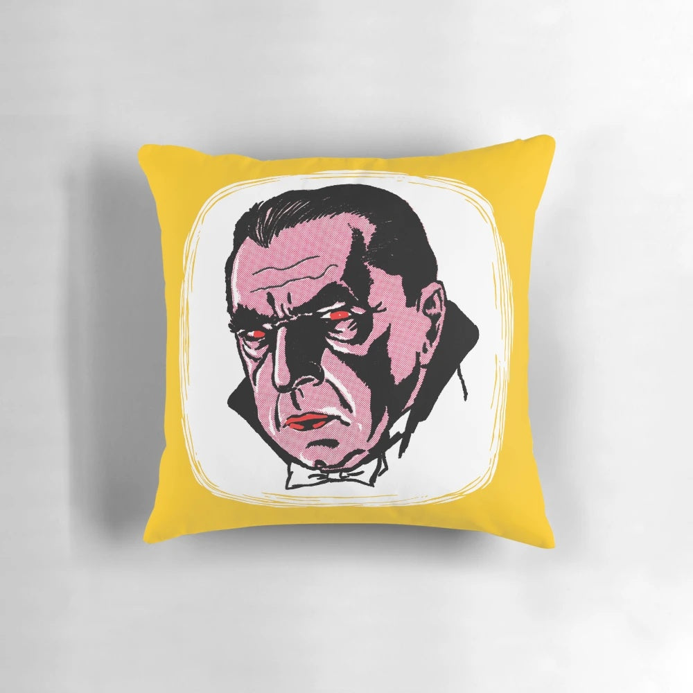 Vintage 1960s style Dracula inspired throw pillow with a Gothic, horror movie themed design
