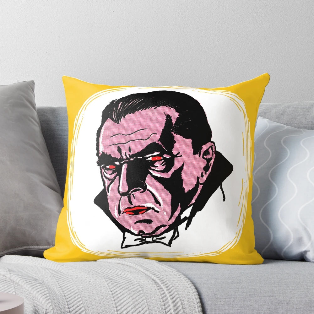 Vintage 1960s style Dracula inspired throw pillow with a Gothic, horror movie themed design
