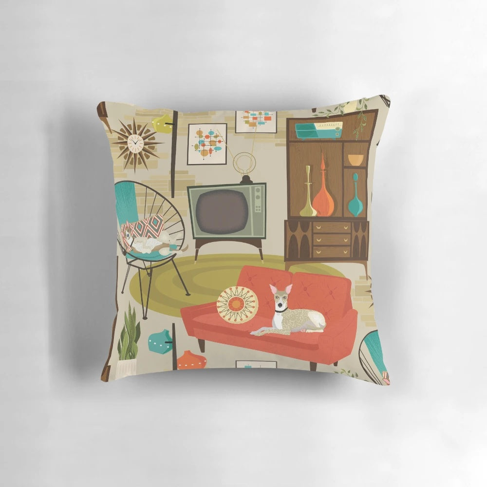 Vintage 1960s retro whippet dog print pillow with Eames and Blenko inspired mid-century modern design