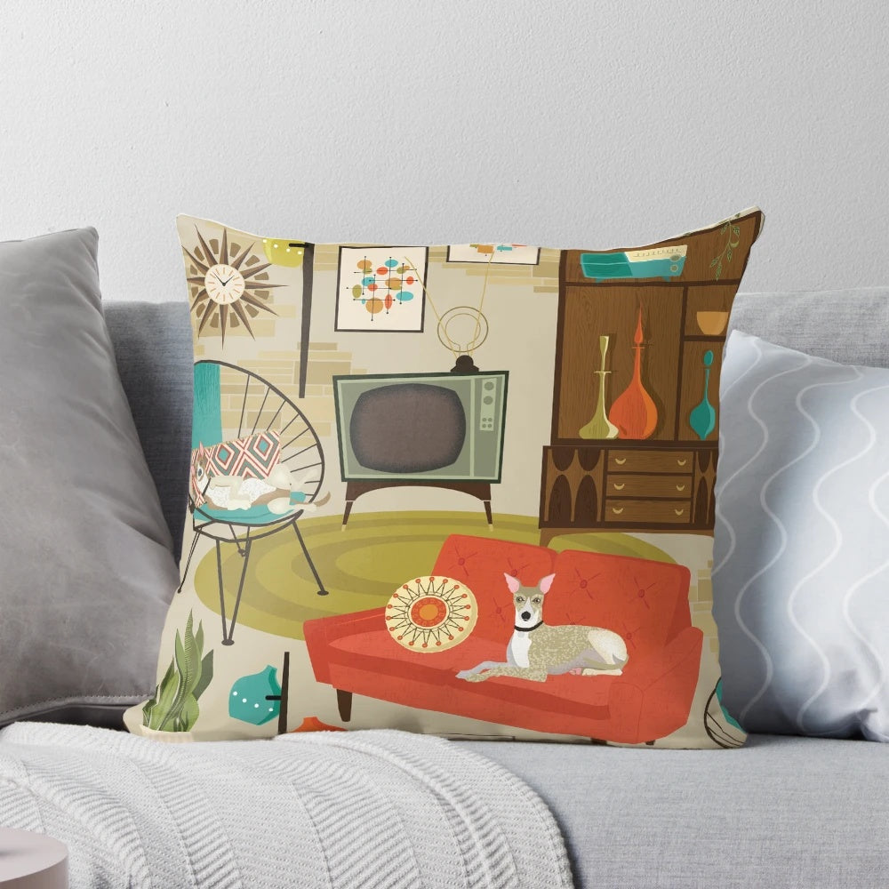 Vintage 1960s retro whippet dog print pillow with Eames and Blenko inspired mid-century modern design