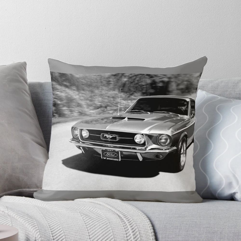 Black and white image of a 1967 Ford Mustang, a classic American sports car