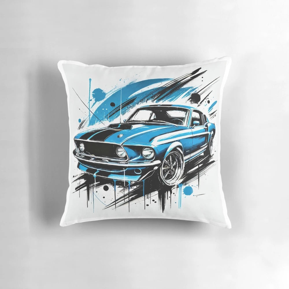 Vibrant blue 1969 Ford Mustang car pillow, featuring a classic American muscle car design.