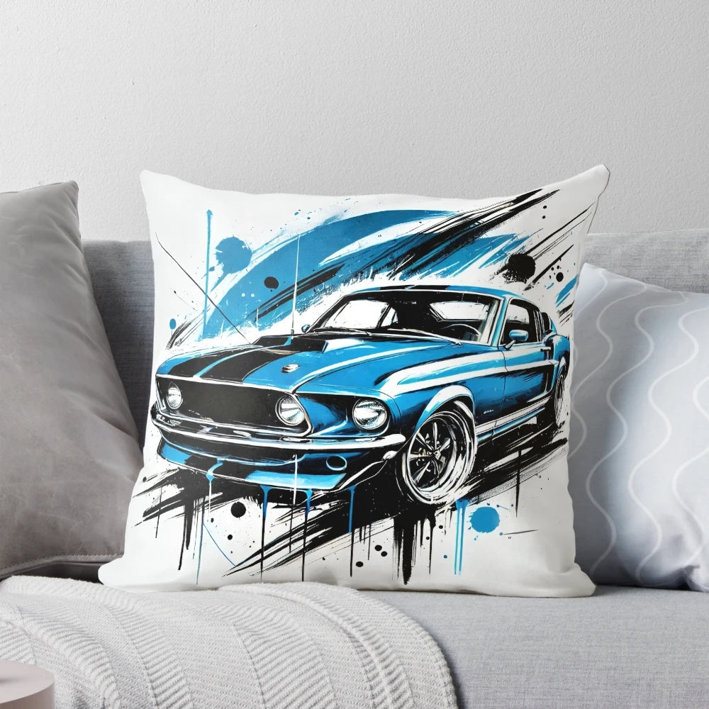 Vibrant blue 1969 Ford Mustang car pillow, featuring a classic American muscle car design.