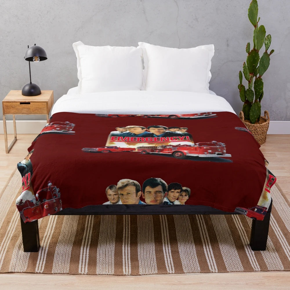 Vintage 70s inspired plush blanket featuring imagery from the TV show Emergency!