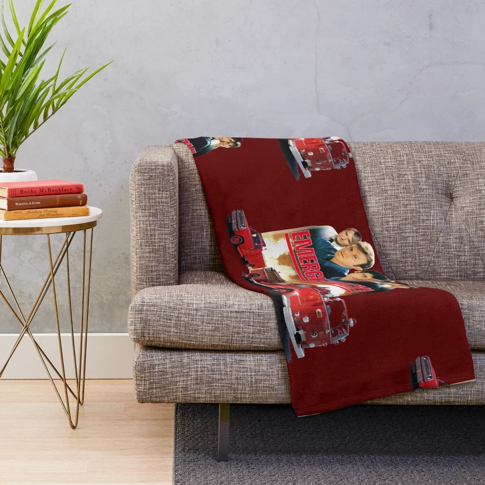Vintage 70s inspired plush blanket featuring imagery from the TV show Emergency!