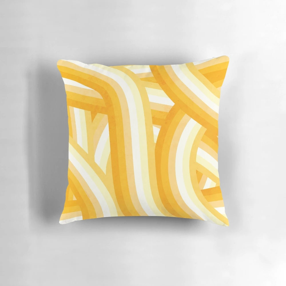 Vibrant 1970s-inspired rainbow striped throw pillow with a retro, vintage aesthetic.