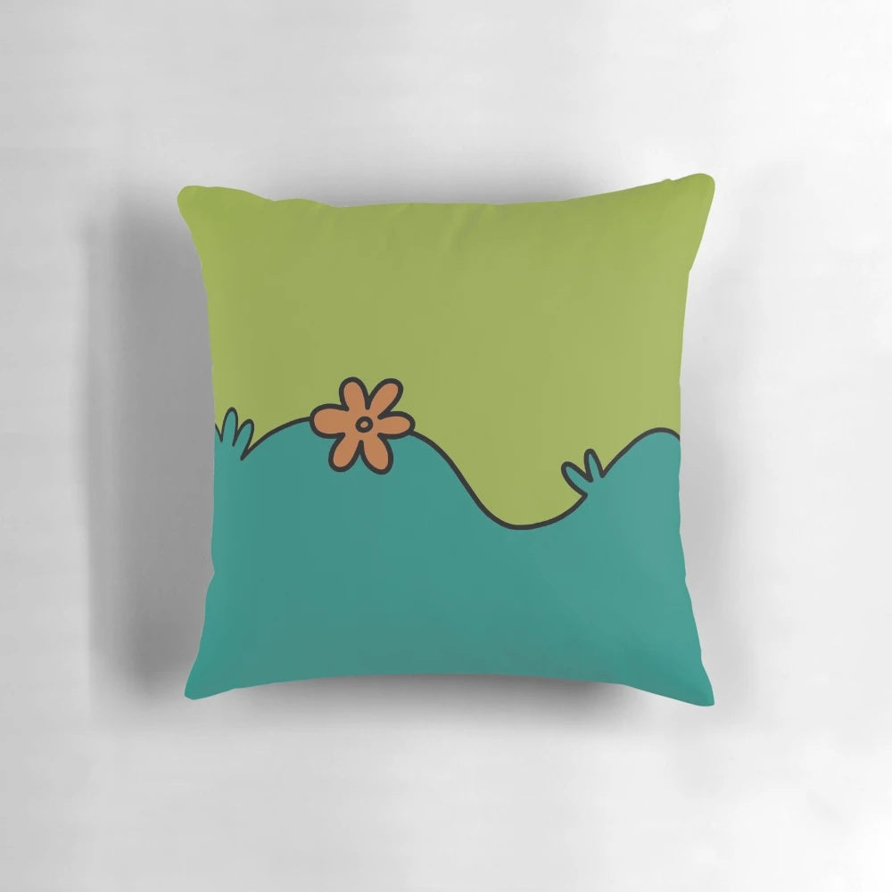 Retro-styled pillow featuring the iconic Mystery Machine van from the Scooby-Doo cartoon series
