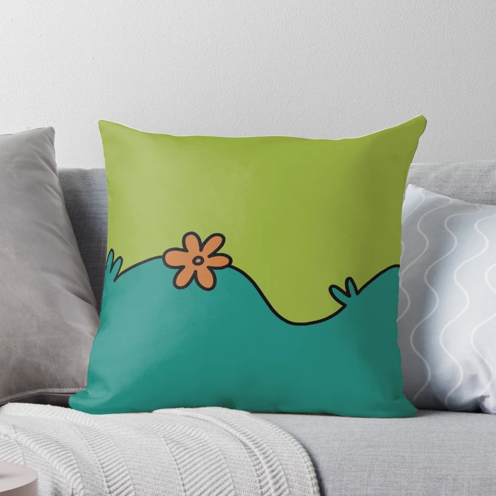 Retro-styled pillow featuring the iconic Mystery Machine van from the Scooby-Doo cartoon series