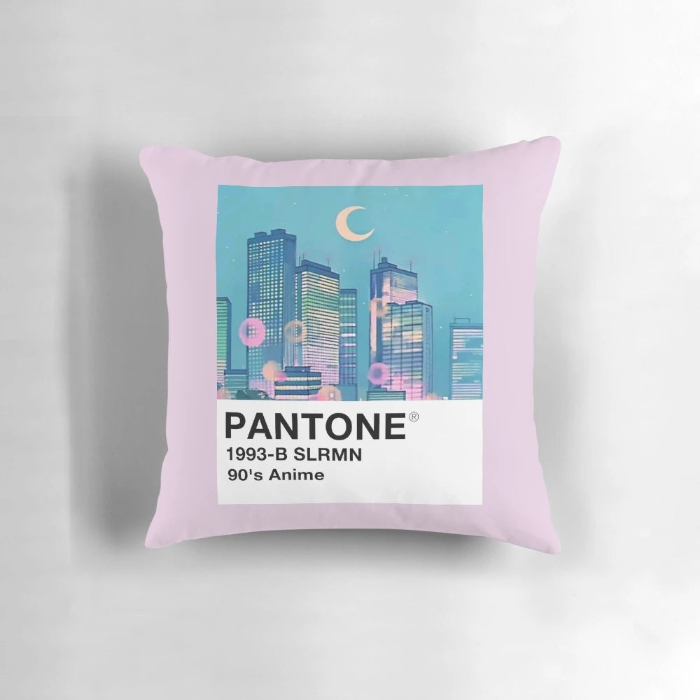 Vibrant 90s Pantone-inspired pillow with anime and vaporwave design