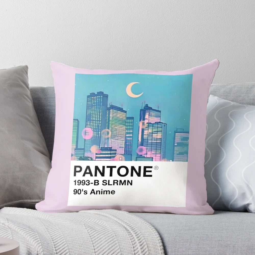 Vibrant 90s Pantone-inspired pillow with anime and vaporwave design