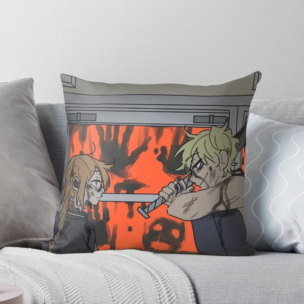 Vintage abandoned yellow school bus in a wooded area, featured on a decorative throw pillow.