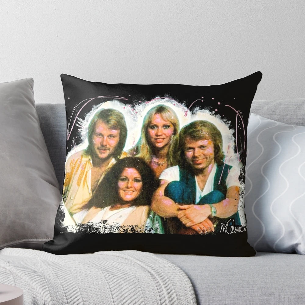 Vintage ABBA portrait pillow featuring Agnetha Fältskog, Björn Ulvaeus, Benny Andersson, and Anni-Frid Lyngstad from the iconic 70s Swedish pop band.