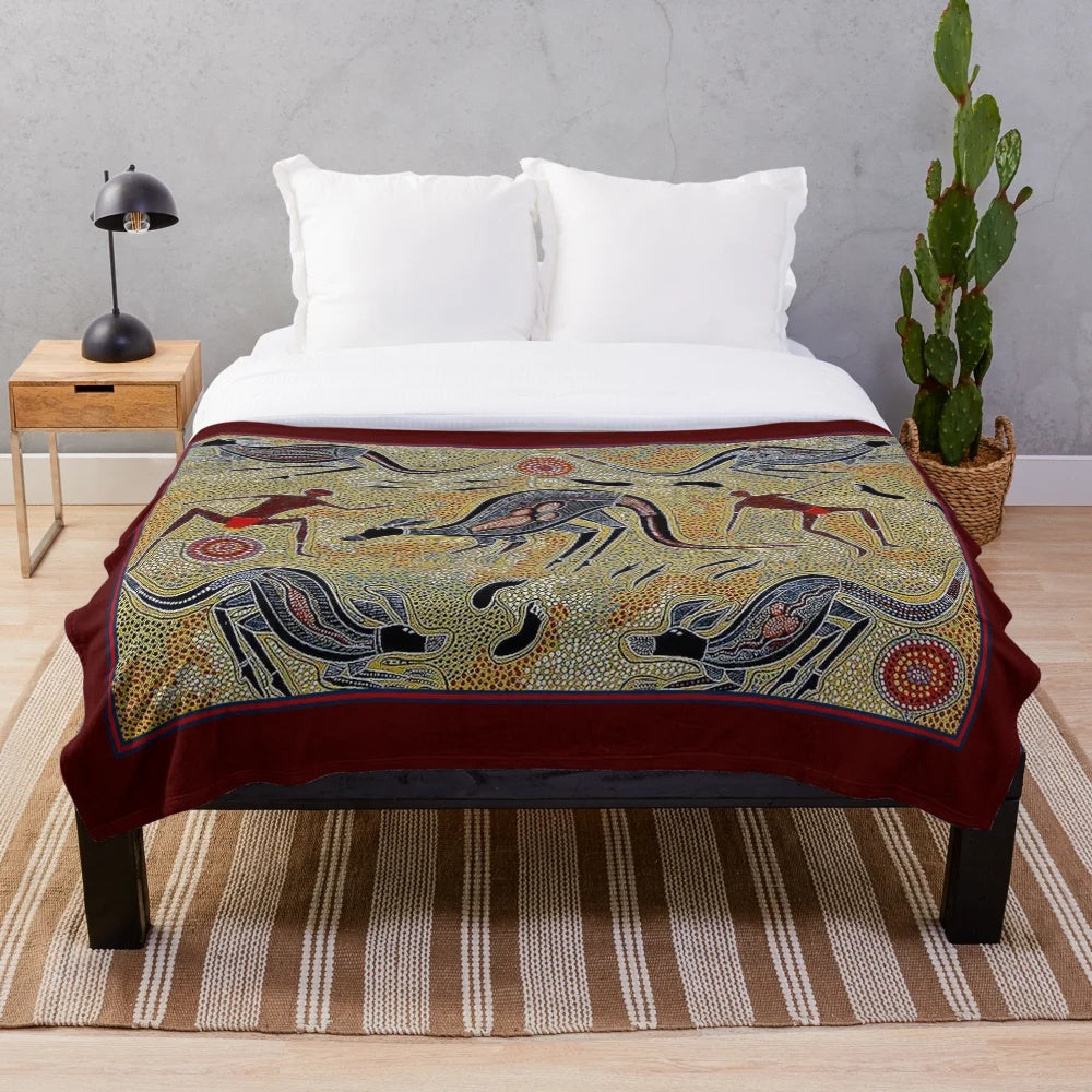 Vintage Australian aboriginal art print plush blanket with kangaroos and footprints