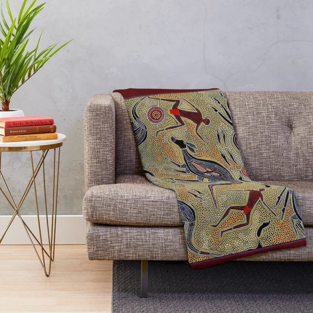 Vintage Australian aboriginal art print plush blanket with kangaroos and footprints