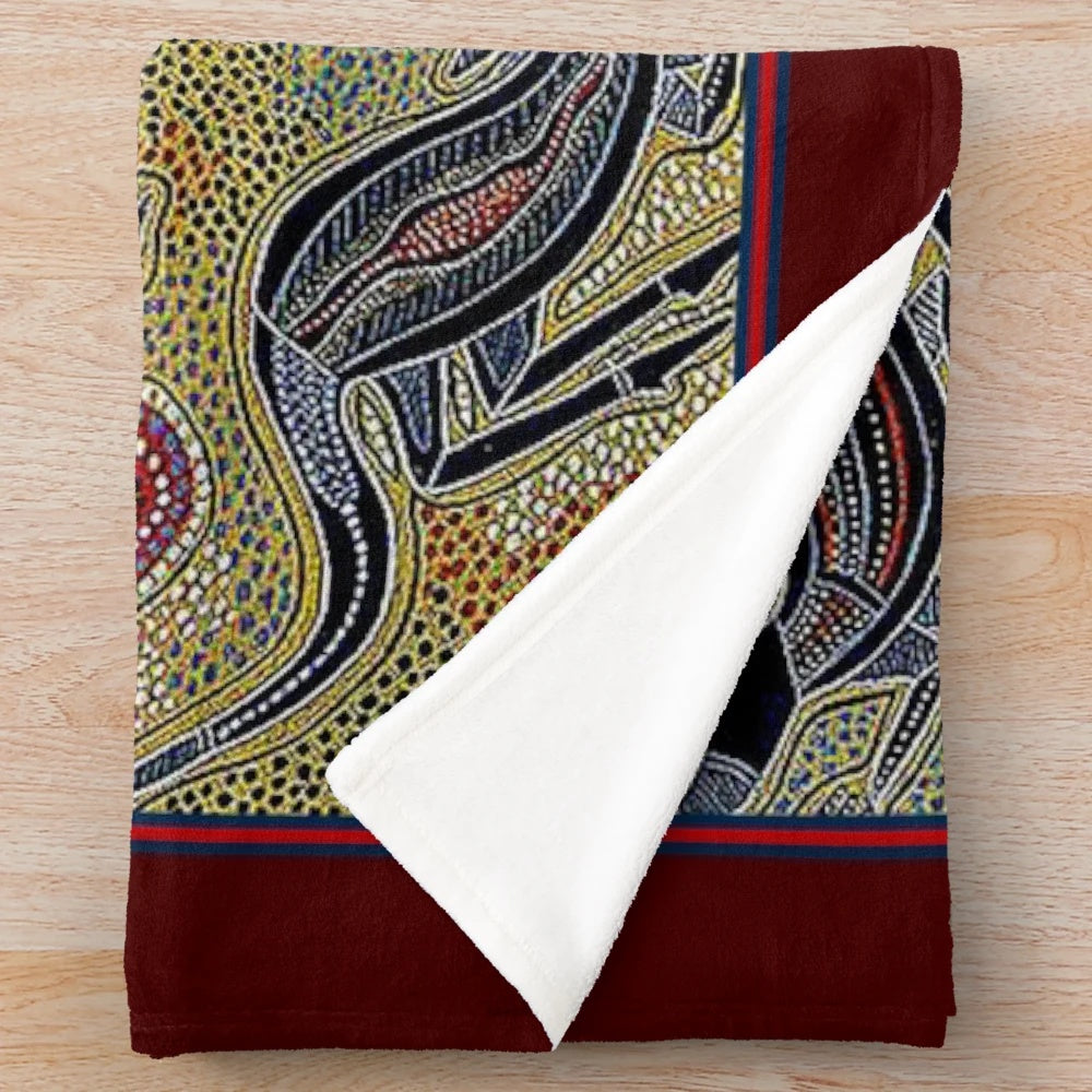 Vintage Australian aboriginal art print plush blanket with kangaroos and footprints