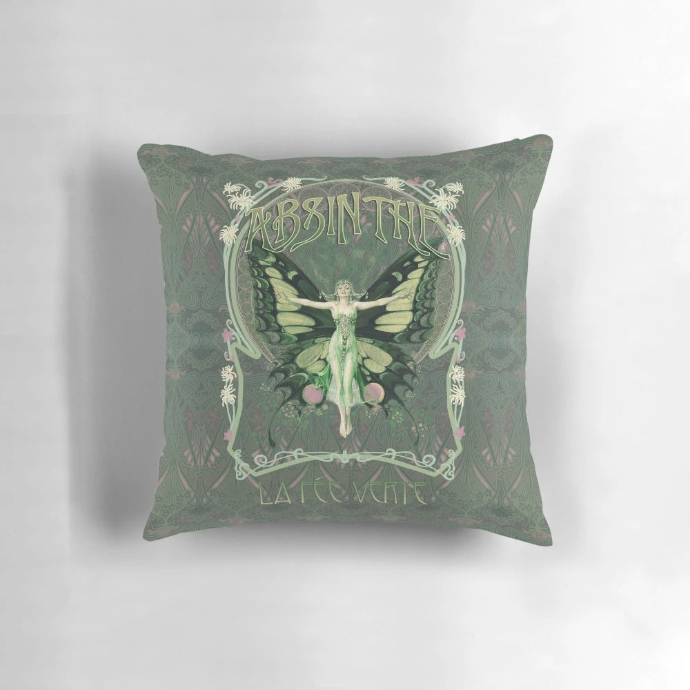 Vintage-inspired decorative pillow featuring a collage of a green absinthe liqueur bottle, butterflies, and floral elements.