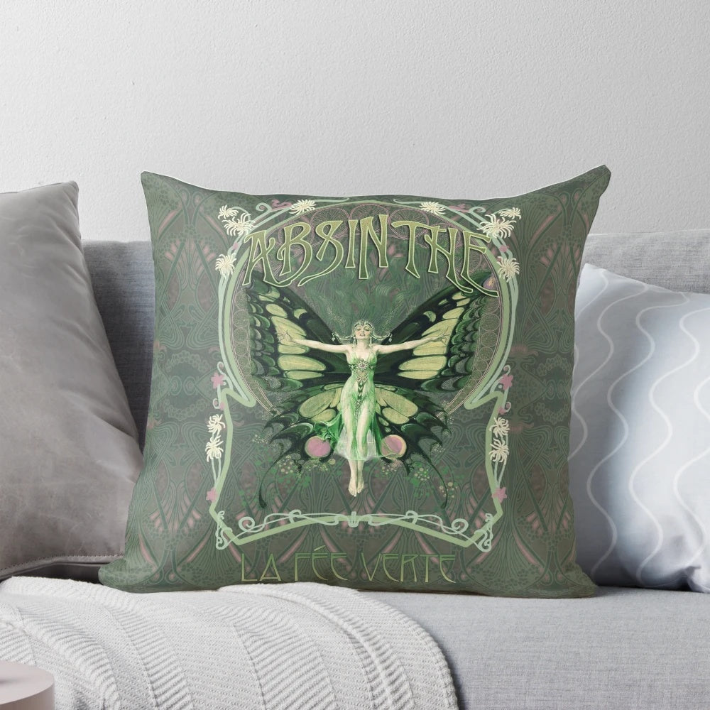 Vintage-inspired decorative pillow featuring a collage of a green absinthe liqueur bottle, butterflies, and floral elements.