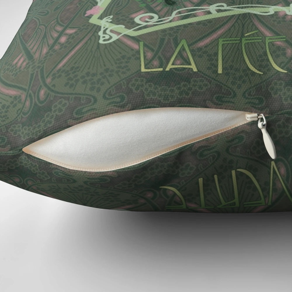 Vintage-inspired decorative pillow featuring a collage of a green absinthe liqueur bottle, butterflies, and floral elements.