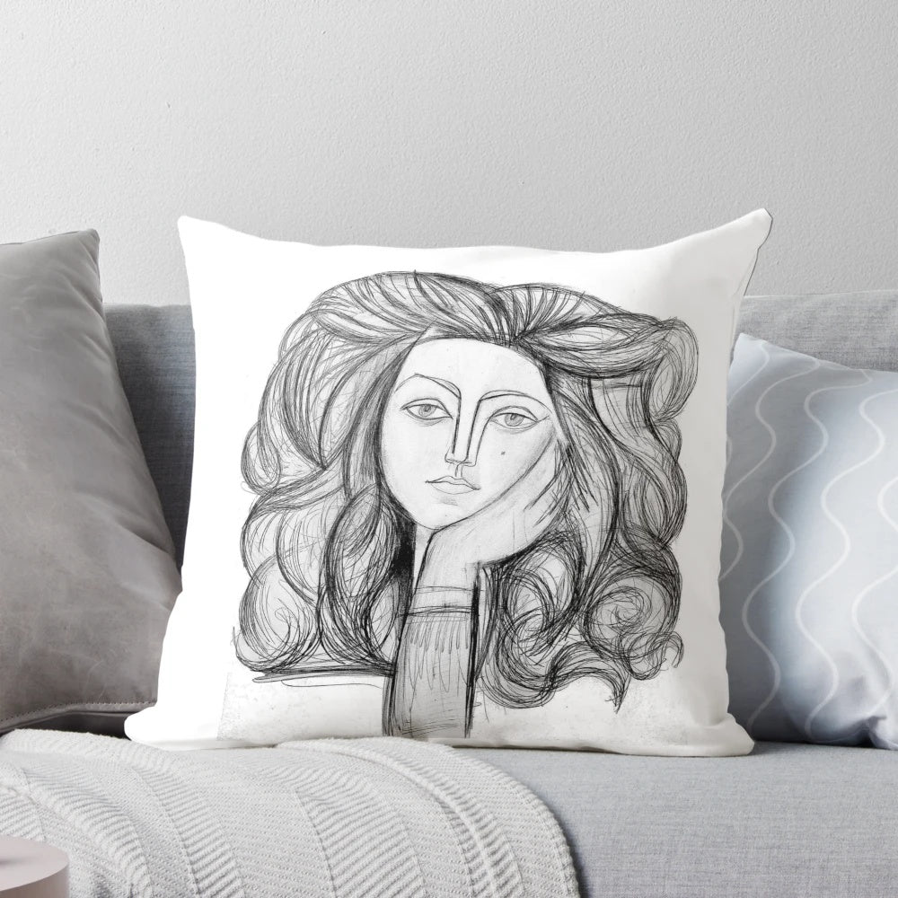 Vintage abstract charcoal portrait pillow featuring a whimsical, art nouveau-style woman's face inspired by the work of Picasso.