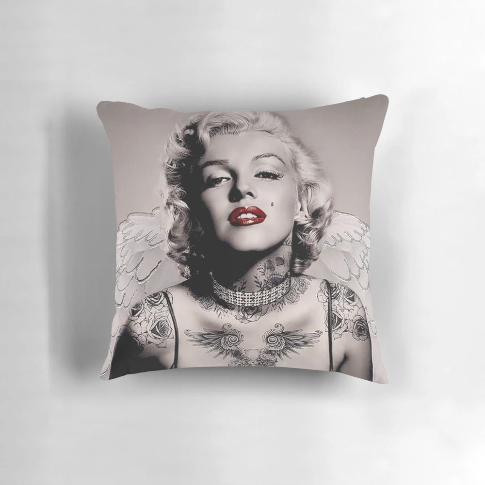 Vintage abstract pillow with Marilyn Monroe inspired tattoo design featuring feathered wings