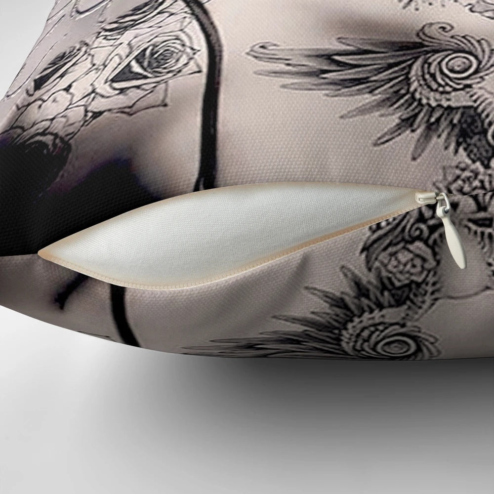 Vintage abstract pillow with Marilyn Monroe inspired tattoo design featuring feathered wings