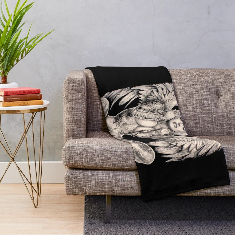 Vintage abstract tattooed angel print plush blanket