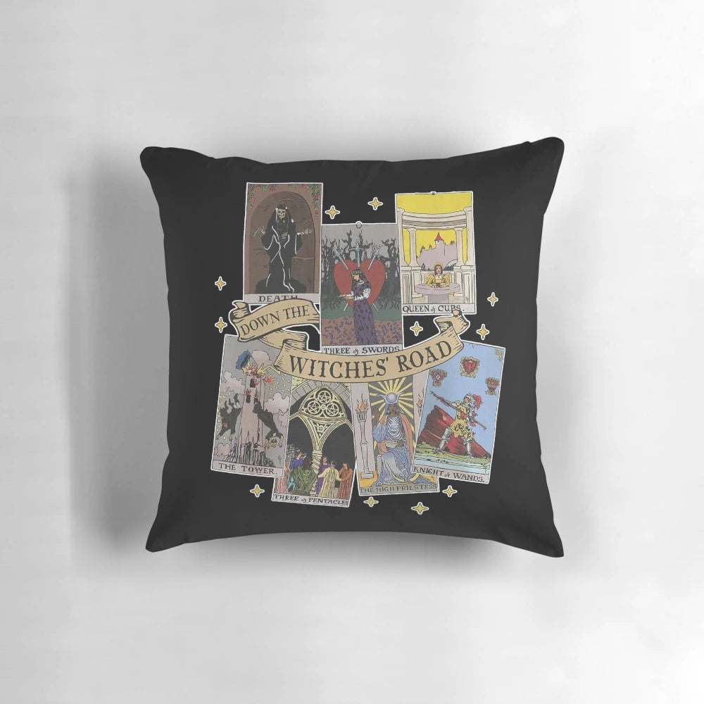 Vintage-style Agatha All Along tarot card print on a soft, plush pillow for cozy, spooky decor.
