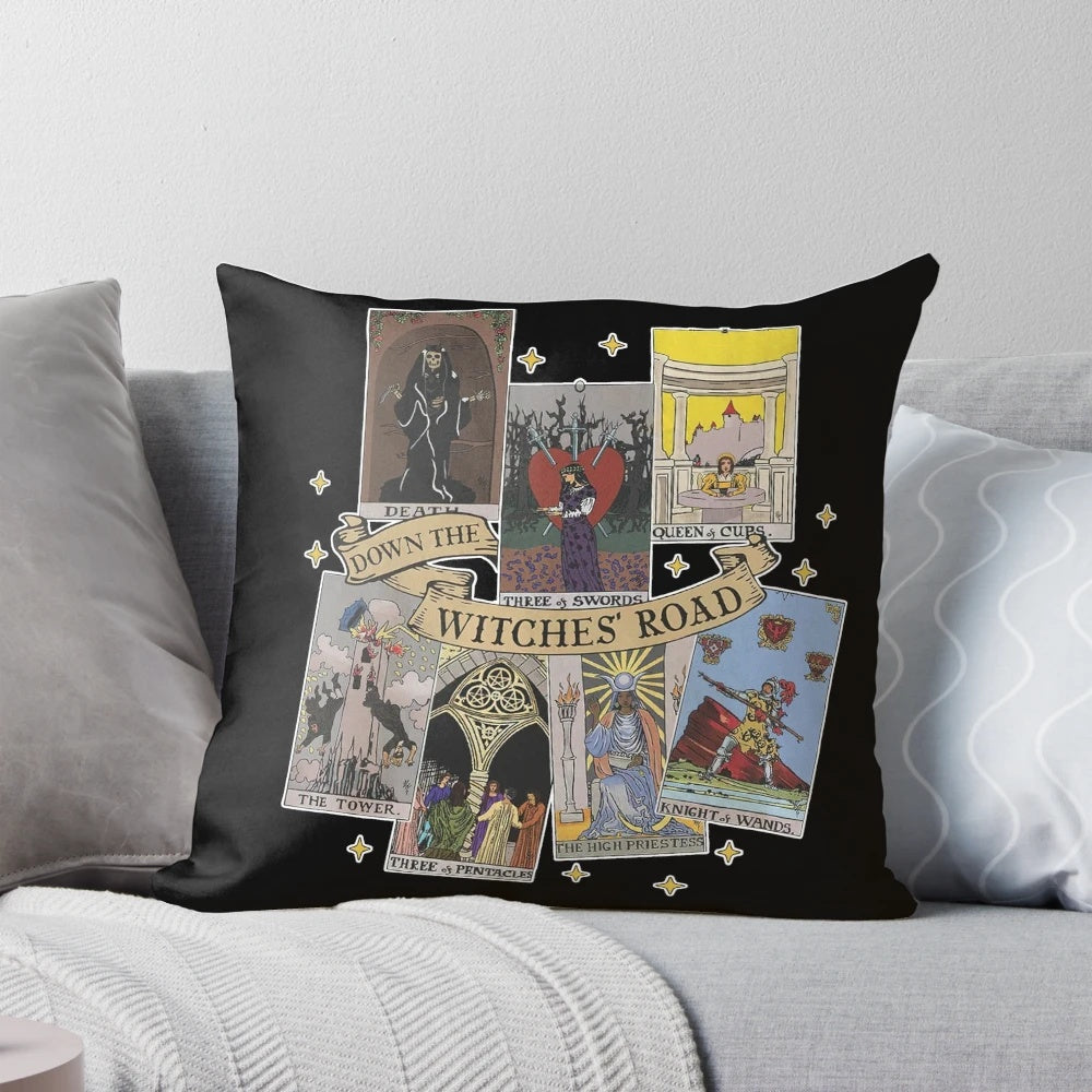 Vintage-style Agatha All Along tarot card print on a soft, plush pillow for cozy, spooky decor.