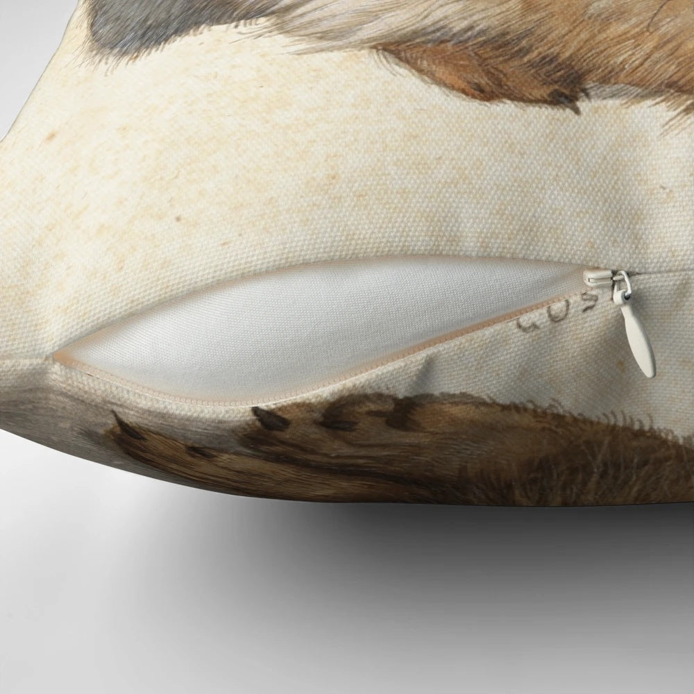 Albrecht Durer Hare Pillow featuring a renaissance era woodcut illustration of a hare
